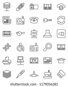 thin line vector icon set - signpost vector, Railway carriage, calendar, dry cargo, radio, newspaper, tv, remote control, classic phone, backward button, disabled, thermometer, dna, eye doctor hat