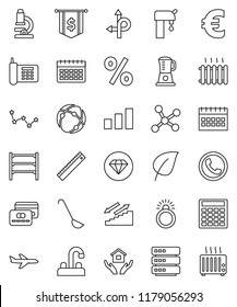 thin line vector icon set - house hold vector, water tap, ladle, ruler, microscope, leaf, constellation, calculator, dollar flag, calendar, euro sign, stairways run, route, plane, phone, sorting