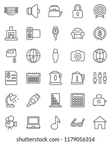 thin line vector icon set - plates vector, kettle, scales, mixer, glasses, table lamp, music, exchange, annual report, calculator, man, target, calendar, camera, speaker, settings, video, internet