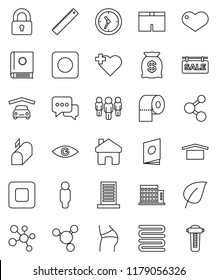 thin line vector icon set - toilet paper vector, towel, ruler, molecule, leaf, man, buttocks, shorts, heart cross, clock, dry cargo, dialog, stop button, rec, eye, home, garage, sale signboard, lock