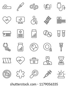 thin line vector icon set - heart pulse vector, pills vial, oxygen, doctor bag, ambulance star, disabled, gender sign, magnifier, syringe, dropper, crutches, sand clock, stethoscope, bottle, eye hat