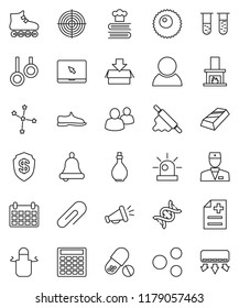 thin line vector icon set - oil vector, apron, rolling pin, cookbook, bell, constellation, gold ingot, calculator, calendar, snickers, roller Skates, target, pills, gymnast rings, notebook pc, group