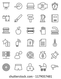 thin line vector icon set - fetlock vector, sponge, drying clothes, rubber glove, kettle, toaster, copybook, pen, apple fruit, alarm clock, paper pin, presentation, document, money bag, shorts, disk