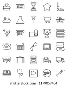 thin line vector icon set - shining vector, toilet brush, towel, double boiler, notebook pc, award cup, cart, case, sand clock, fitness mat, pool, ship, delivery, tulip, classic phone, crutches