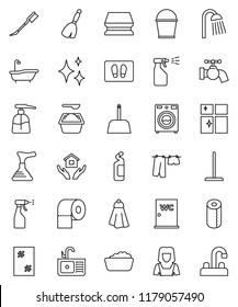 thin line vector icon set - plunger vector, broom, mop, scoop, bucket, sponge, towel, water tap, car fetlock, shining, window cleaning, welcome mat, bath, drying clothes, washer, foam basin, sprayer