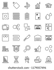 thin line vector icon set - towel vector, window cleaning, shining, knife, cutting board, hand mill, bbq, percent growth, sand clock, dollar flag, any currency, scales, route, tv, battery, magnifier