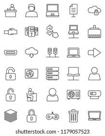 thin line vector icon set - trash bin vector, student, notebook pc, dollar cursor, support, hdmi, server, network, cloud lock, big data, lan connector, arrow, download, document, user, unlock