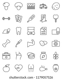 thin line vector icon set - double boiler vector, cereal, mushroom, potato, chicken leg, diet, barbell, heart pulse, muscule hand, buttocks, fitness mat, cereals, breads, first aid kit, bone, hoop