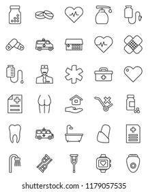 thin line vector icon set - liquid soap vector, house hold, heart pulse, pills vial, buttocks, monitor, no trolley, doctor bag, ambulance star, crutches, patch, bottle, anamnesis, hospital building