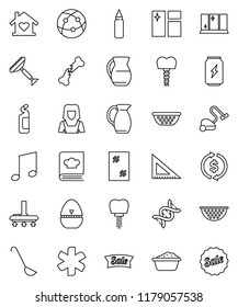 thin line vector icon set - scraper vector, vacuum cleaner, window cleaning, foam basin, agent, shining, woman, colander, cook timer, ladle, cookbook, jug, corner ruler, music, exchange, internet