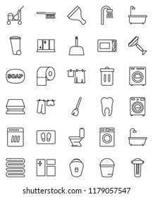 thin line vector icon set - soap vector, scraper, cleaner trolley, broom, fetlock, scoop, bucket, sponge, trash bin, window cleaning, welcome mat, bath, toilet, drying clothes, washer, shining