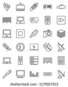 thin line vector icon set - pen vector, notebook pc, clock, music hit, equalizer, remote control, stop button, forward, hdmi, big data, lan connector, route arrow, barcode, calculator, tap pay, web