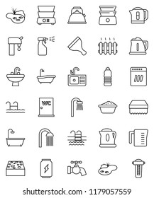 thin line vector icon set - scraper vector, sponge, water tap, bath, foam basin, sprayer, shower, closet, sink, kettle, measuring cup, double boiler, enegry drink, bottle, pool, pond, supply, filter