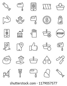 thin line vector icon set - soap vector, cleaner trolley, rubber glove, house hold, hand mill, mixer, blender, dollar coin, trainer, muscule, boxing, traking, finger up, crutches, bandage, stop