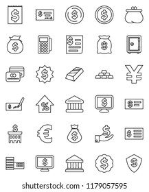 thin line vector icon set - school building vector, bank, dollar coin, gold ingot, percent growth, money bag, investment, check, receipt, medal, safe, monitor, euro sign, yen, credit card, wallet