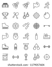 thin line vector icon set - award cup vector, target, barbell, stadium, weight, jump rope, hand trainer, punching bag, fitball, muscule, boxing glove, roller Skates, skateboard, medal, water bottle