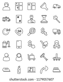 thin line vector icon set - scraper vector, vacuum cleaner, car fetlock, window cleaning, steaming, agent, shining, woman, dollar cursor, phone 24, support, cargo search, mobile, amkbulance, doctor