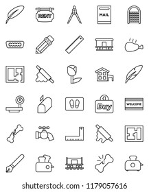 thin line vector icon set - water tap vector, welcome mat, washboard, rolling pin, chicken leg, pen, pencil, corner ruler, drawing compass, Railway carriage, tulip, big scales, hdmi, broken bone