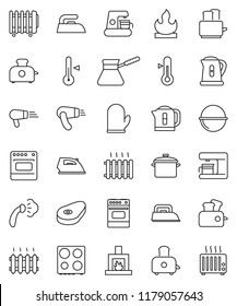 thin line vector icon set - iron vector, steaming, pan, camping cauldron, kettle, cook glove, turk coffee, toaster, oven, thermometer, steak, flammable, fireplace, heating, maker, hair dryer, heater