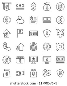 thin line vector icon set - exchange vector, dollar coin, cash, money bag, piggy bank, growth, receipt, medal, flag, shield, calendar, monitor, cursor, any currency, yen sign