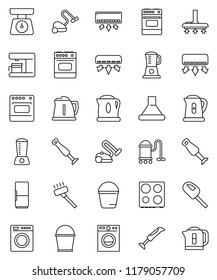 thin line vector icon set - vacuum cleaner vector, bucket, kettle, scales, oven, blender, air conditioner, fridge, washer, coffee maker, hood