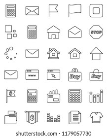 thin line vector icon set - calculator vector, flag, arrow up, dollar, document, equalizer, mail, stop button, browser, home, loading, house, buy, clothes
