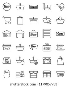 thin line vector icon set - office vector, cargo, warehouse, weight, shelving, new, open, closed, shopping bag, market, store, mall, buy, basket, cart, scales