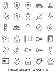 thin line vector icon set - rubber glove vector, dollar shield, safe, attention, traffic light, amkbulance car, lock, unlock, key, sign, siren, home protect, password
