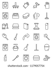 thin line vector icon set - broom vector, vacuum cleaner, mop, bucket, sponge, car fetlock, steaming, washer, washing powder, cleaning agent, rubber glove