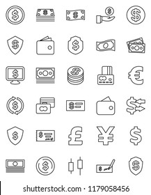 thin line vector icon set - exchange vector, dollar coin, japanese candle, credit card, wallet, cash, investment, check, shield, monitor, euro sign, pound, yen, money