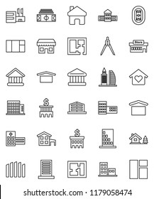 thin line vector icon set - school building vector, drawing compass, university, bank, stadium, dry cargo, hospital, home, cottage, chalet, fence, plan, apartments, office, love, store, mall, window