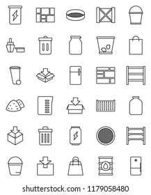 thin line vector icon set - bucket vector, trash bin, garbage pile, measuring cup, sieve, jar, enegry drink, sea container, port, wood box, consolidated cargo, package, oil barrel, shelving, fridge