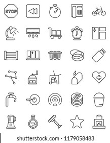 thin line vector icon set - scraper vector, cleaner trolley, bucket, window cleaning, shining, hand mill, table lamp, alarm clock, stopwatch, bike, hoop, wood box, cargo, antenna, favorites, flask