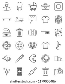 thin line vector icon set - fetlock vector, trash bin, shining, thermometer, pasta, pen, manager, man, euro sign, skateboard, first aid kit, ship, sorting, stop button, jack, doctor bag, gender