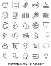 thin line vector icon set - water drop vector, bbq, presentation, document, flag, dollar, cent sign, shorts, roller Skates, calendar, prohibition, money, tulip, speaker, heart, stop button, crutches