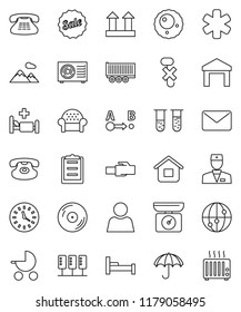 thin line vector icon set - truck trailer vector, clock, clipboard, umbrella, top sign, no hook, warehouse, route, disk, internet, classic phone, ambulance star, doctor, vial, hospital bed, ovule