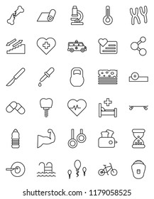 thin line vector icon set - microscope vector, heart pulse, bike, muscule hand, skateboard, molecule, water bottle, stairways run, fitness mat, breads, pool, monitor, cross, gymnast rings, weight