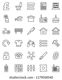 thin line vector icon set - toilet vector, cake, pen, calculator, abacus, university, any currency, pound, t shirt, dry cargo, satellitie, gamepad, settings, remote control, touchscreen, menu, bench