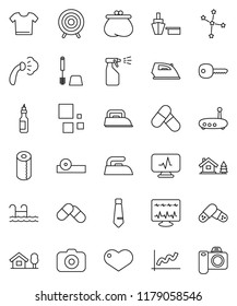 thin line vector icon set - iron vector, steaming, toilet brush, sprayer, paper, oil, constellation, graph, tie, target, pills, port, camera, heart, eye doctor hat, diagnostic monitor, router, key