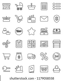 thin line vector icon set - cart vector, laptop graph, gift, cash, star, money bag, new, 24 hour, percent, market, store, customer, cashbox, basket, shopping list, calculator, trolley, delivery