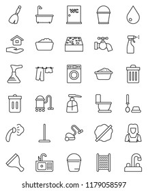 thin line vector icon set - plunger vector, scraper, broom, vacuum cleaner, mop, bucket, sponge, trash bin, water drop, tap, splotch, steaming, bath, toilet, drying clothes, brush, washer, sprayer