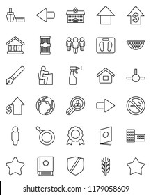 thin line vector icon set - sprayer vector, pan, colander, pasta, pen, university, school building, student, medal, dollar growth, man, arrow up, scales, cereals, no smoking, port, protected, house