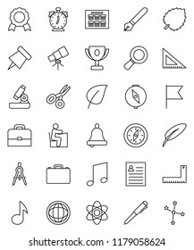 thin line vector icon set - pen vector, corner ruler, drawing compass, student, case, atom, telescope, microscope, bell, alarm clock, schedule, paper pin, award cup, medal, scissors, music, world