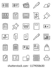 thin line vector icon set - book vector, copybook, pen, clipboard, paper pin, certificate, check, annual report, receipt, binder, fitness mat, money, newspaper, network document, plan, gift, list