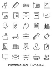 thin line vector icon set - trash bin vector, pencil, student, paper pin, archive, manager, case, clipboard, phone, receipt, classic, thumbtack, diagnostic monitor, medical room, network folder