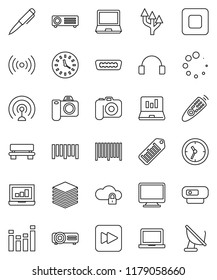 thin line vector icon set - pen vector, notebook pc, laptop graph, clock, barcode, camera, antenna, equalizer, remote control, headphones, stop button, forward, hdmi, cloud lock, big data, bench