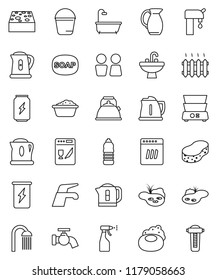thin line vector icon set - soap vector, water tap, bucket, sponge, foam basin, sprayer, shower, closet, sink, kettle, double boiler, jug, enegry drink, bottle, pond, supply, bath, heating, filter