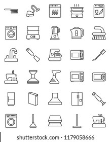 thin line vector icon set - plunger vector, vacuum cleaner, fetlock, mop, sponge, car, washing powder, water tap, spatula, microwave oven, double boiler, fridge, washer, dishwasher, coffee maker