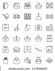 thin line vector icon set - scoop vector, washing powder, cereal, pasta, archive, binder, first aid kit, wood box, cargo, warehouse, package, radio, mailbox, relocation truck, cashbox, basket