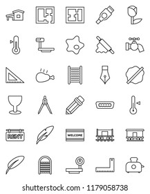 thin line vector icon set - water tap vector, splotch, welcome mat, washboard, rolling pin, thermometer, chicken leg, pen, pencil, corner ruler, drawing compass, Railway carriage, glass, tulip, hdmi